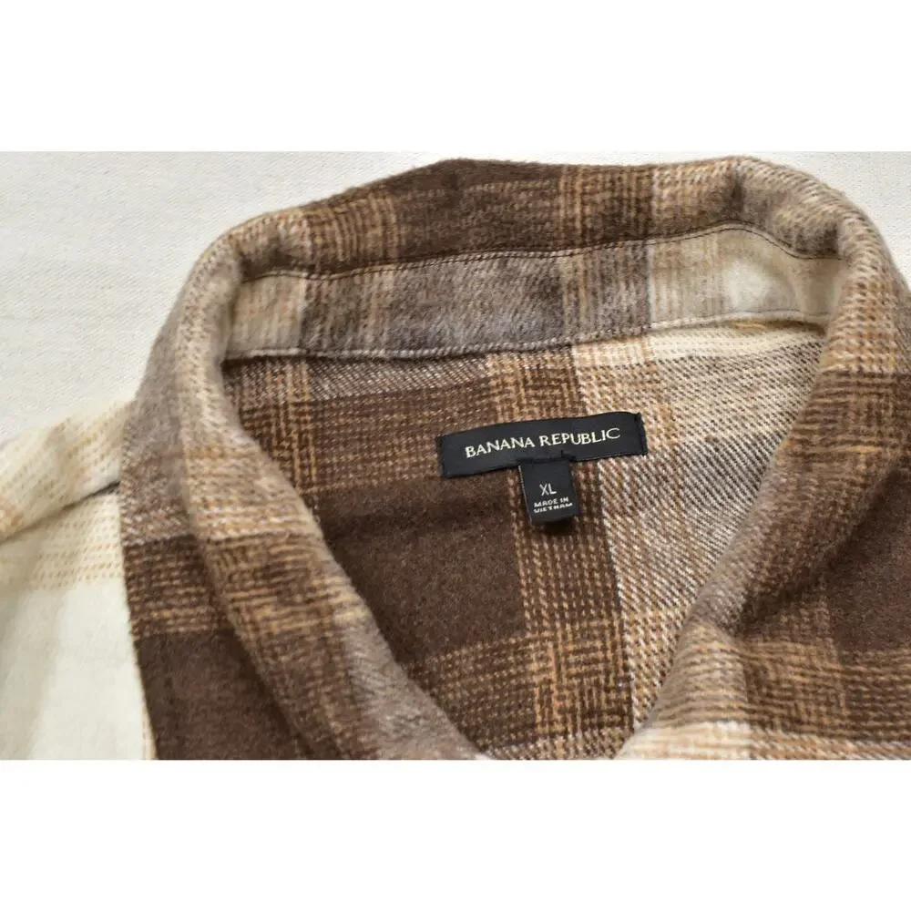 Banana Republic Men's Brown Plaid Flannel Button Shirt Jacket Size XL Polyester